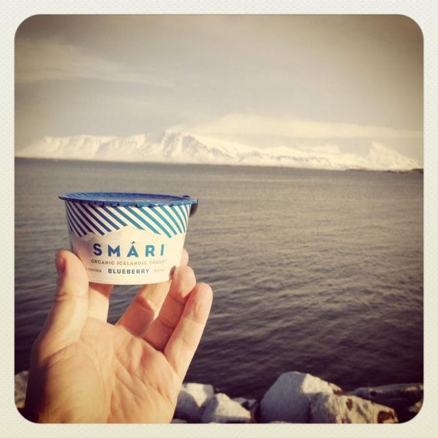a hand holding a small container of ice cream by a body of water