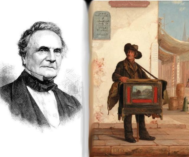 Charles Babbage standing next to a painting