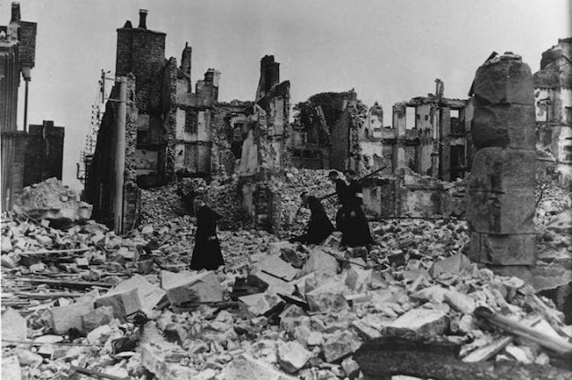 a destroyed city with rubble