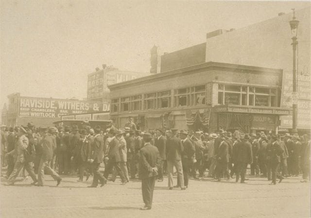 a group of people marching