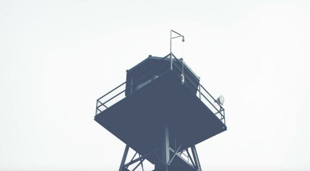 a tower with a metal frame