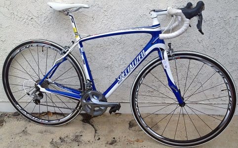 a blue and white bicycle
