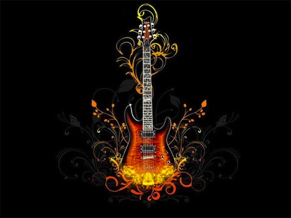 a guitar with flames
