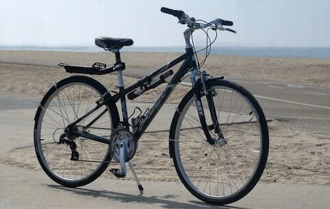 a bicycle parked on a road