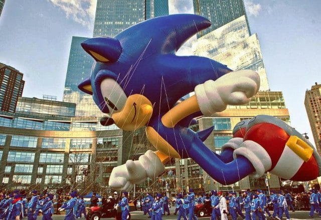 a large blue and red balloon