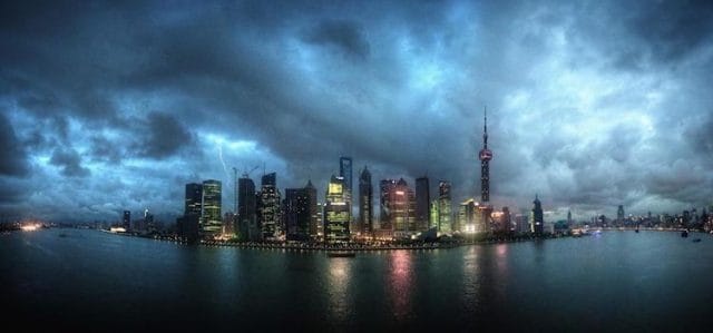 a city skyline at night