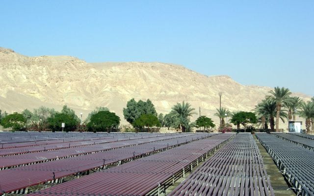 a large paved area with trees and a hill in the background