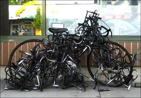 a group of bicycles parked outside a building