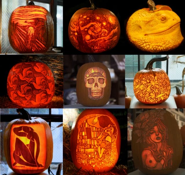 a group of carved pumpkins