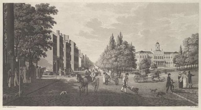 a group of people and horses in a city