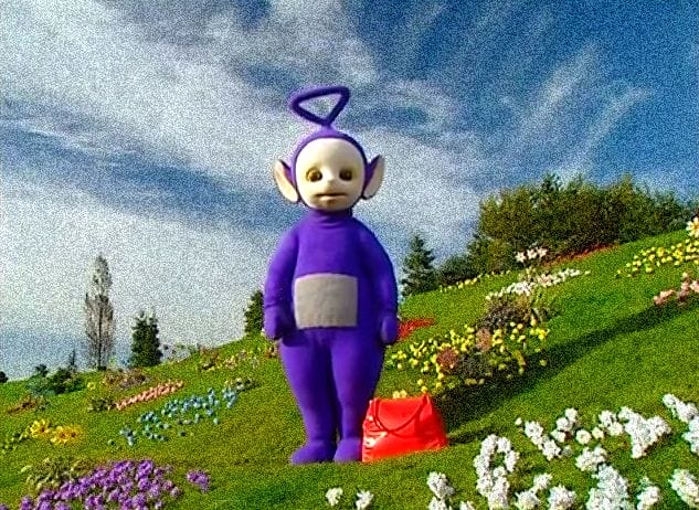 a cartoon character in a field of flowers