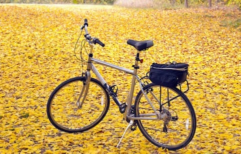 a bicycle parked in a field
