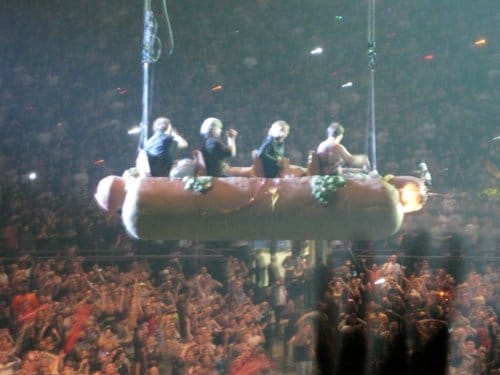 a group of people on a float in a crowd