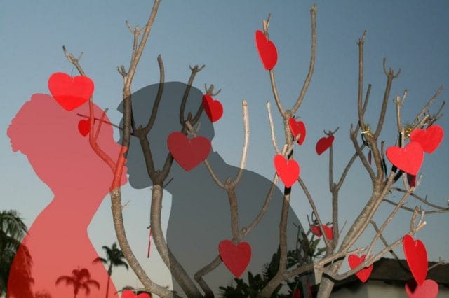 a tree with red hearts